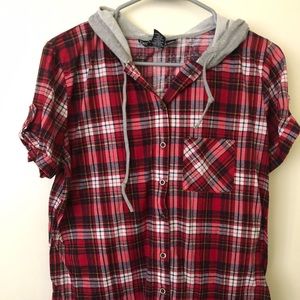 Hooded Plaid short sleeve button up